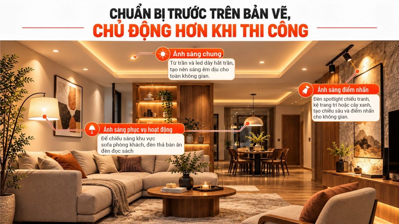 Không gian phòng khách hiện đại với đèn LED âm trần, đèn bàn và đèn spotlight tạo ánh sáng ấm áp, điểm nhấn nội thất.